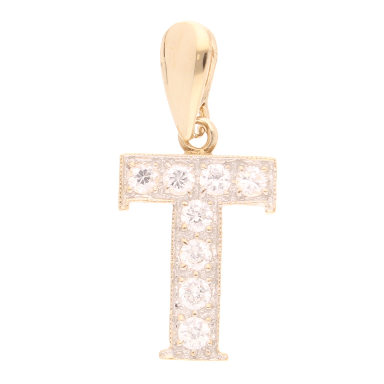 9Carat Yellow Gold Simulated Diamond 'T' Pendant (15x19.5mm)
