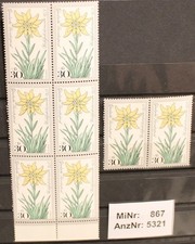 Wohlfahrtsrmarke "Alpenblumen", MiNr 867 postfrisch, Bogenteile (5321)