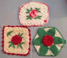 Vintage Handmade Crochet 3D Rose Potholders Hot Pads Lot of 3 Cottagecore Trivet