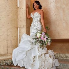 Gorgeous Mermaid Wedding Dresses Off Shoulder Lace Crystals Ruffles Bridal Gowns