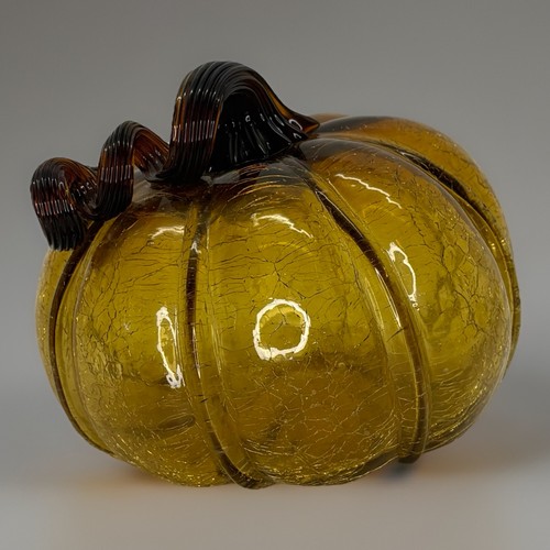 Blown Crackle Glass Amber Gold Pumpkin w/ Curly Stem Decorative - Picture 2 of 7
