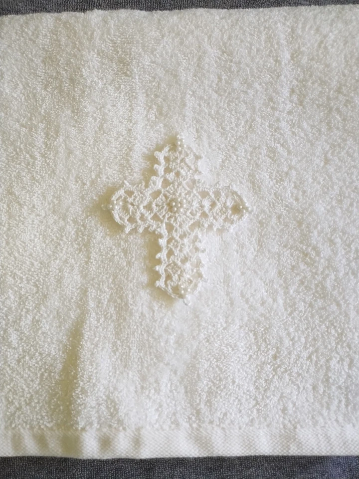 Nuevo regalo hecho a mano ganchillo cuentas cruz blanco toalla bautizo/bautizo bebés 54 pulgadas Foto 3 de 3
