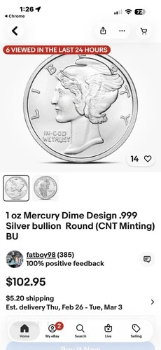 1 Troy Ounce .999 Fine Silver, Mercury Dime Design, Miss Liberty 1 OZ. 999 Fine