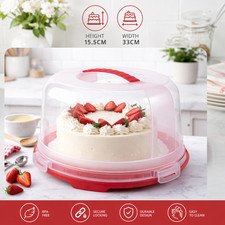 Large Cake Carrier with Lid Plastic Round Storage Container Locking Red Holder