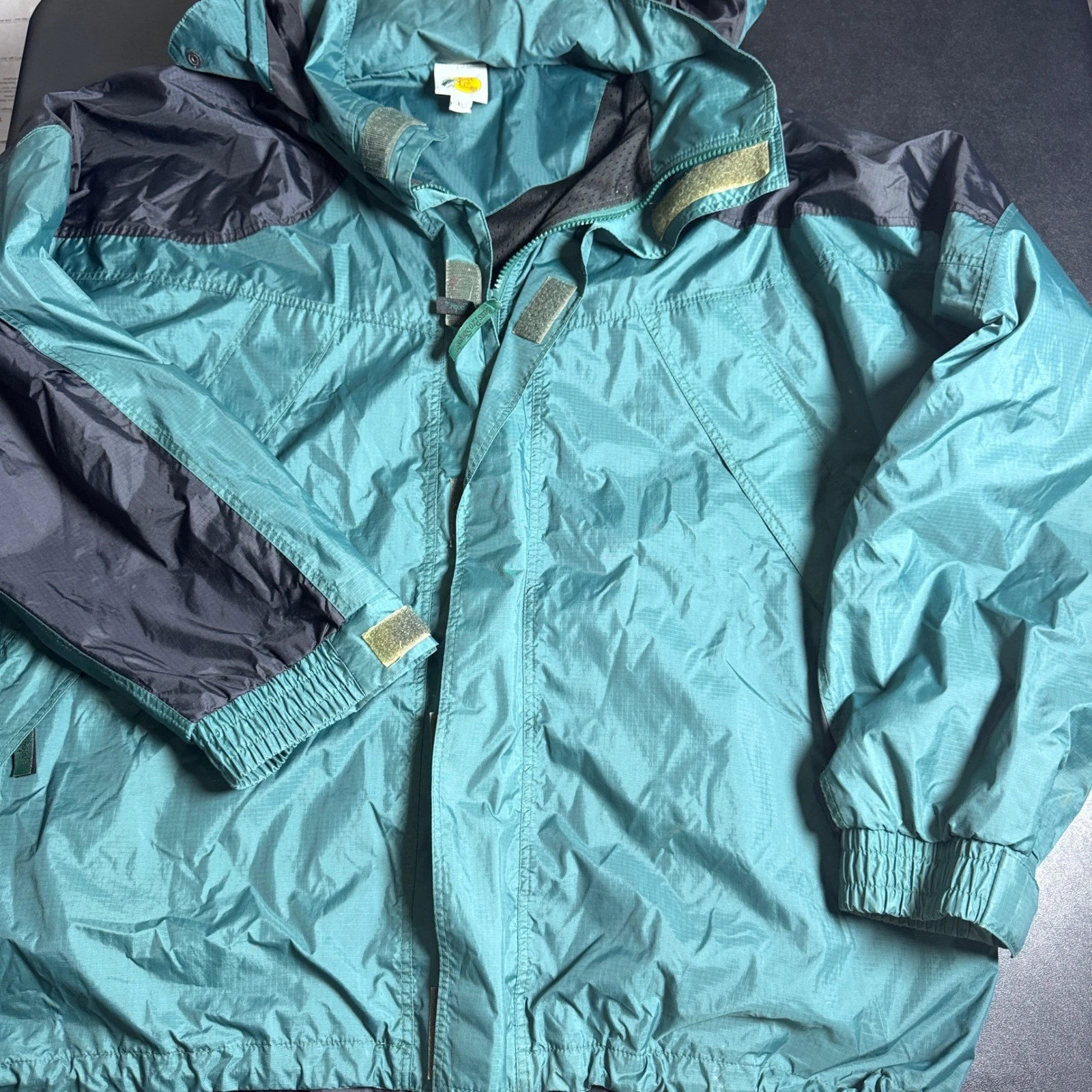 Bass Pro Shops Windbreaker Jacket Mens XL Teal Green Black Vintage Hooded Coat