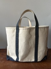 Vtg LL Bean Boat And Tote Canvas Tote Large Base Navy Blue Cream USA 21x13x7