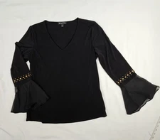 INC womens Metal Studded Bell Sleeve black Blouse size L V-neck.