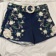Farm Rio Flower Tapestry Shorts Belted Buckle Rear Zip Floral blue size 30