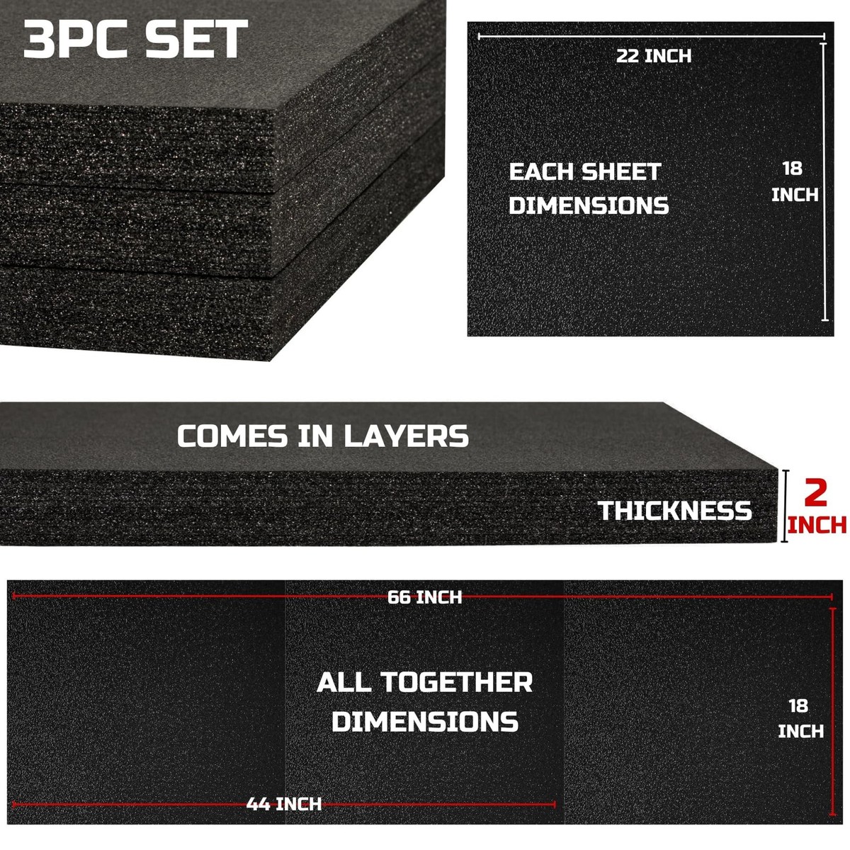 Tool Box Foam, 3Pack 22x18x2 inch, Foam Inserts for Cases