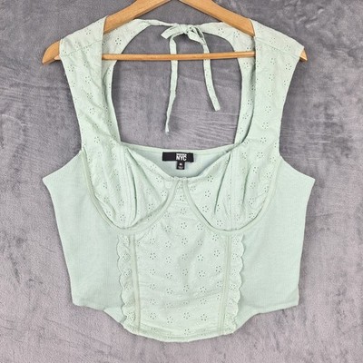 Madden NYC Top Womens XL Green Corset Babydoll Eyelet Coquette Cottagecore Crop