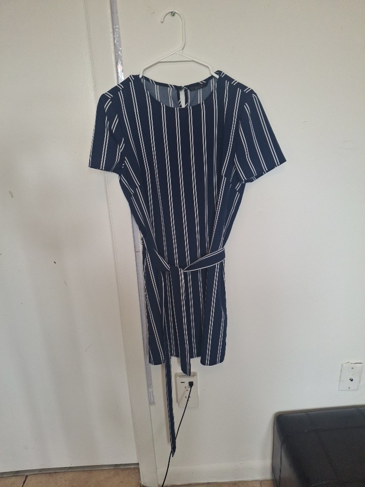 SHEIN Blue White Striped Shift Dress Round Neck Belted Short Sleeve Short M
