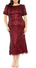 Mac Duggal 5940 Burgundy Puff Sleeve Embellished Cocktail Midi Dress Size 16W