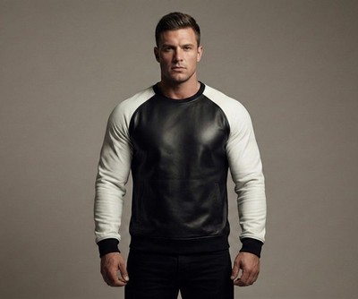 Herren Schwarz & Weiß Leder T-Shirt | Echtes Lammfell Leder Full Sleeve Tshirt