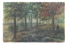 VINTAGE ANTIQUE AMERICAN FOLK ART PRIMITIVE LANDSCAPE OIL PAINTING