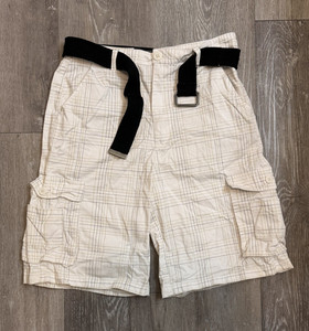Brooklyn Xpress Men's White/Gray Plaid Cargo Shorts Belted Cotton size 32