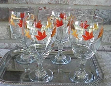 Vintage Libbey Crisa Autumn Leaf Water Goblets (4) Glasses Soda Tea 7" T Fall