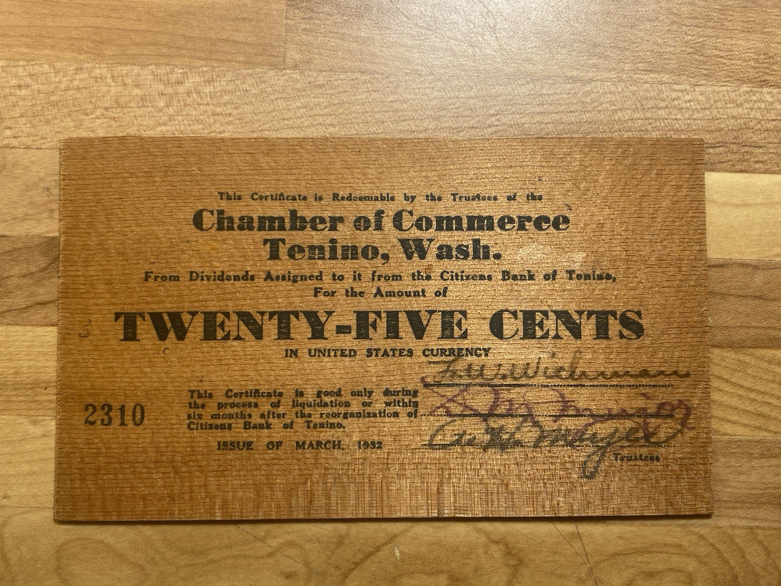 Tenino, Washington, 1932 25 Cents Wooden Money Depression Scrip