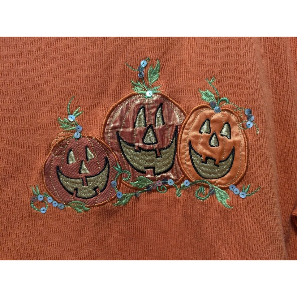 Halloween Orange Top w/3 Orange Pumpkins Embroidery SZ L EUC!! L@@K! - Image 2 of 3