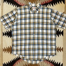 Vintage 1960s Cotton Plaid Check Button Down Collar Short Sleeve Shirt Sz L