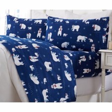 Navy Blue White Polar Bear 4pc Cotton Flannel Sheet Set Twin Full Queen King Bed