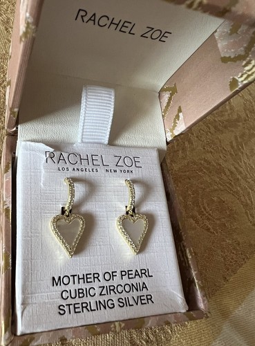 Rachel Zoe Sterling Silver Gold Plated Mother Of Pearl Heart Dangle Earrings NEW - Picture 3 of 4