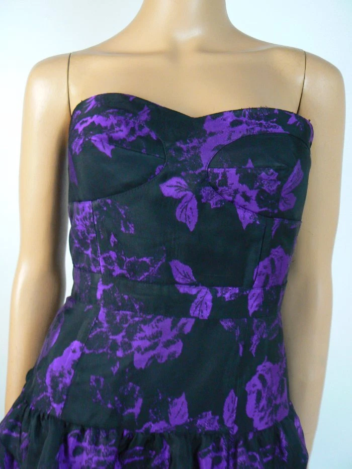 $168 Vestido Ali Ro Negro Púrpura Floral Satén en Niveles Novia 6 NUEVO A866 Foto 2 de 4