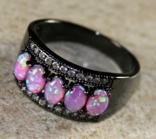 BLACK SILVER Elegant Pink Fire Opal 5 Stone Ring Size 9, WR41001