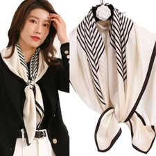 Women's 100 Silk Scarf Large Square Shawl Wrap Striped Pattern White Black 90CM