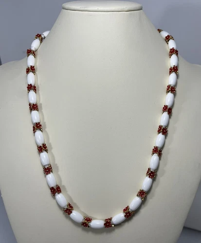 Vintage Crown Trifari Necklace Milk Glass and Gold Spacers w Red Enamel Flowers