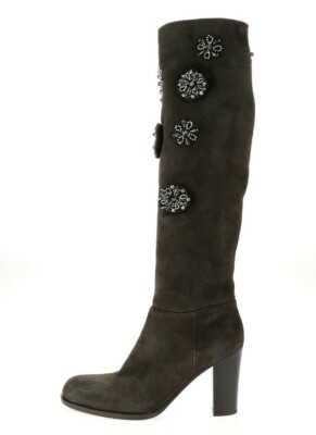 Prada Womens Brown Shearling Embellished Jewels Tall Pull On Heel Boots 41 $1669
