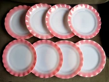 Set of 8 Vtg Hazel Atlas Milk Glass Pink Ripple Crinoline 9" Dinner Plates