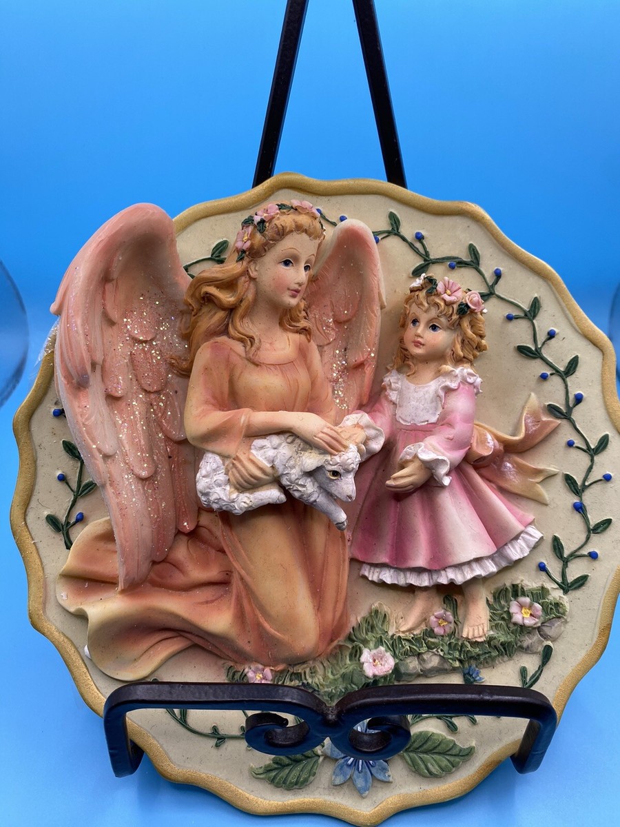 Vtg Handcrafted 3D Angel, Lil Girl & Sheep Pink Plate, Stand