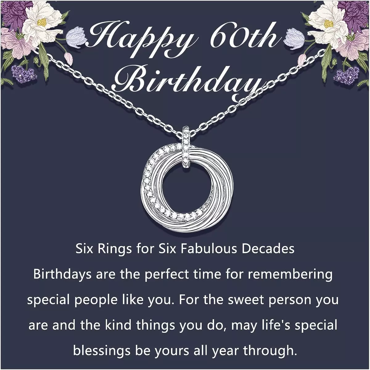 60th Birthday Gifts for Women Silver 6 Six Rings Circle Happy Birthday Necklace