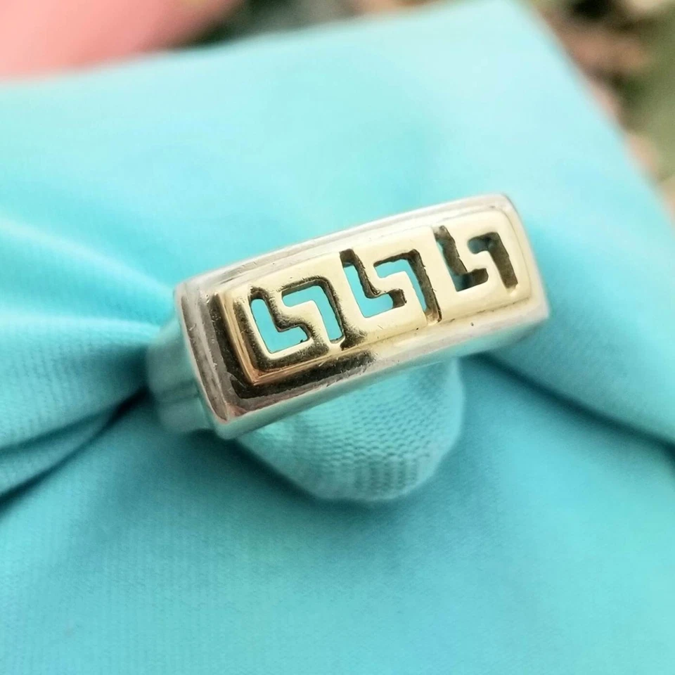 14K золото и серебро греческий ключ дизайн модное кольцо-925-Pinky-9/16'' голова-3 мм группы- - Изображение 2 из 4