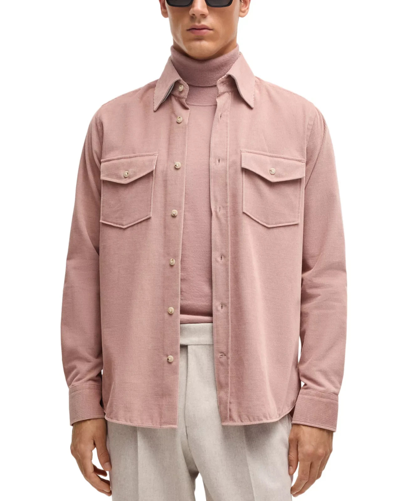 BOSS Corduroy Relaxed Fit Button Up Shirt Men's XL Light Pink Pocket Long Sleeve