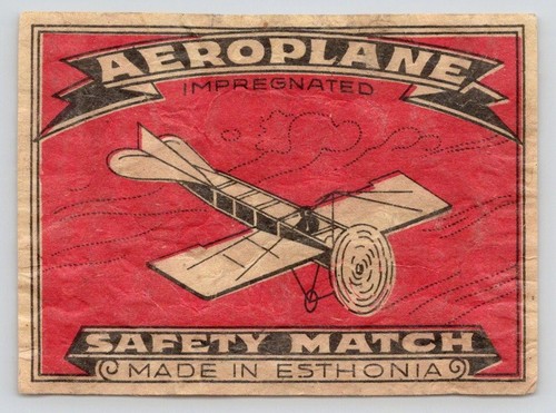 Aeroplane Impregnated Safety Matches Label 2.75x3.5" Made in Estonia
