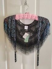 Knot-Knots Art Deco Beaded Collar Black Blue Silver 100 Nylon Fringe Accessory