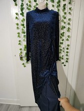Plt blue velvet longsleeve ruched side dipped hem midi maxi dress size UK 16