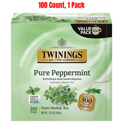 Twinings Pure Peppermint Herbal Tea Individually Wrapped Bags, 100 Count, Minty
