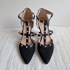 Primark Black Soft Faux Suede Feel Studded Cage Style Heels Shoes Size 4