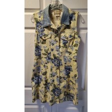 Vintage 90s En Chante Floral Denim Button Down Sleeveless Dress Size 7