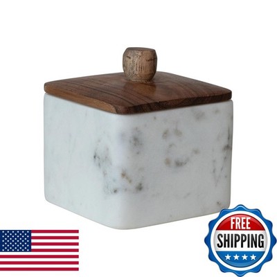 Bloomingville Marble Container with Acacia Wood Lid - White and Natural