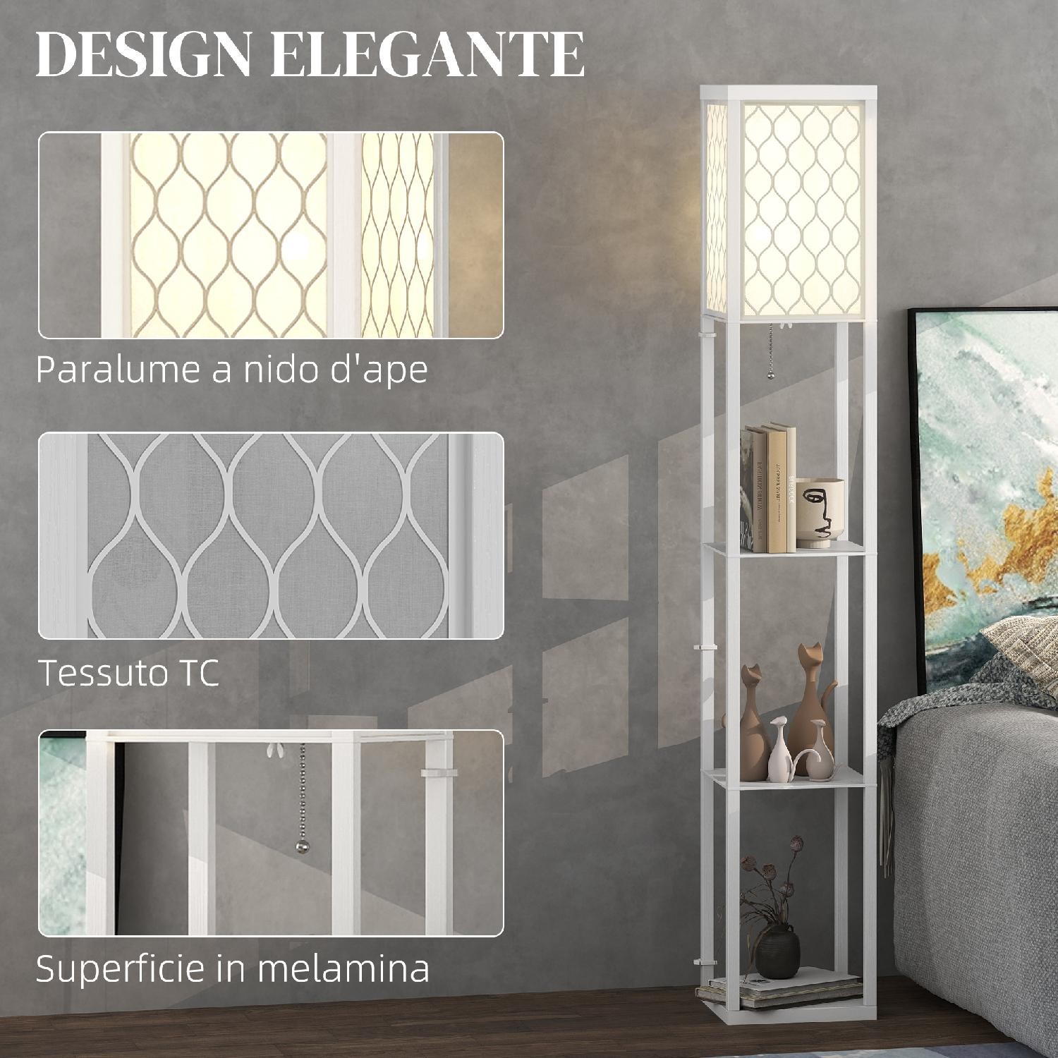 DecHome Lampada da Terra Moderna 3 Ripiani Attacco E27 26x26x160 cm Bianco foto 4