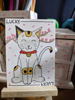 ACEO Original (OOAK) ''Lucky Cat on Break'' Colored Pencil & Ink Drawing Art Card