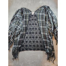 Free People Plaid Poncho Cape Shawl Back Lace Fringe One Size Bohemian Festival