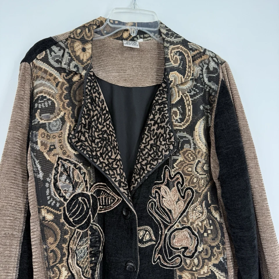 Chaqueta de perejil y salvia para mujer talla L artística tapiz de dos botones blazer negra Foto 4 de 4
