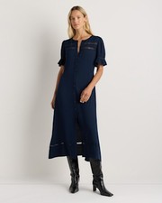 Quince Women Lightweight Crepe Lace Inset Midi Dress Blue L