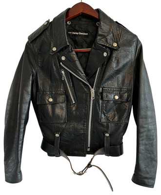 Vintage AMF Harley Davidson Black Queen Leather Biker Jacket Crop Belted Small