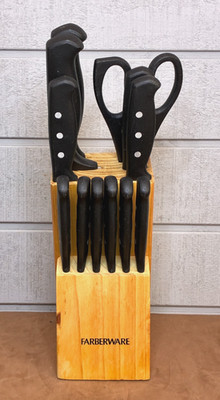 FARBERWARE 12 Piece Knife Set w/ Wood Block Holder ~ Triple Riveted Black Handle