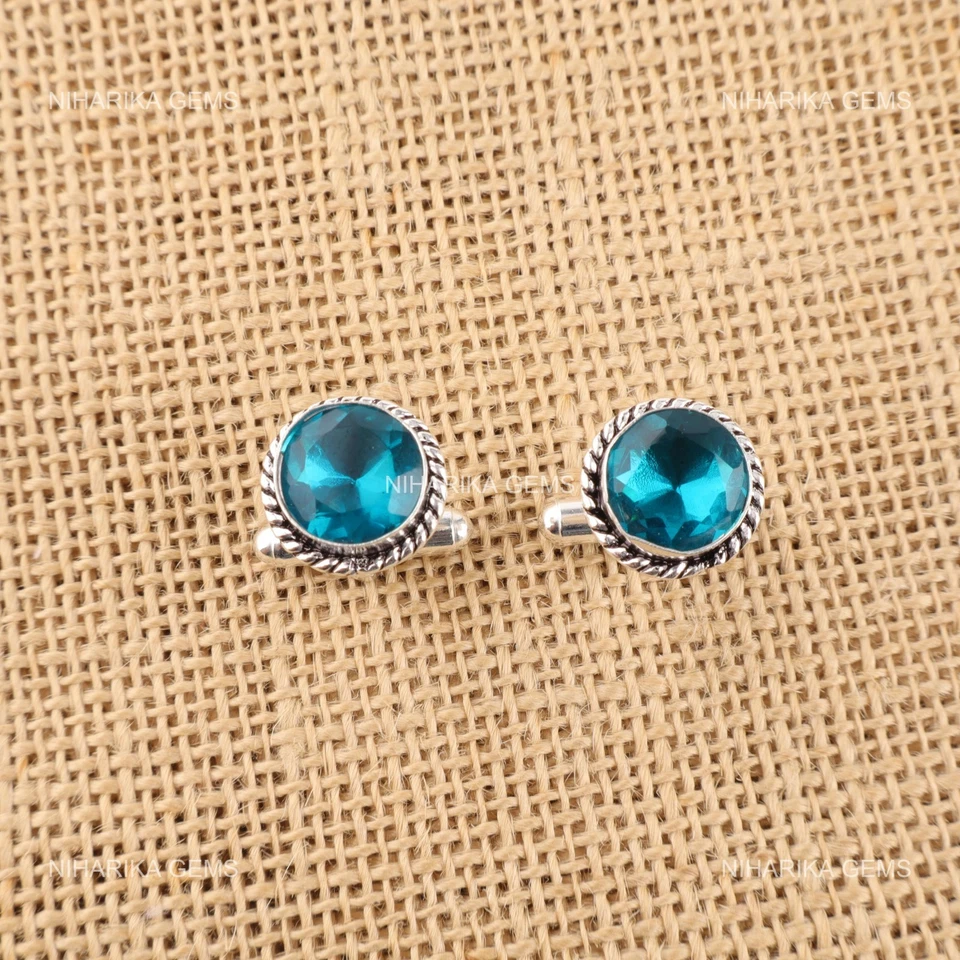 Gemelos artesanales de plata de ley 925 con piedras preciosas de apatita azul 0,51" Foto 3 de 4